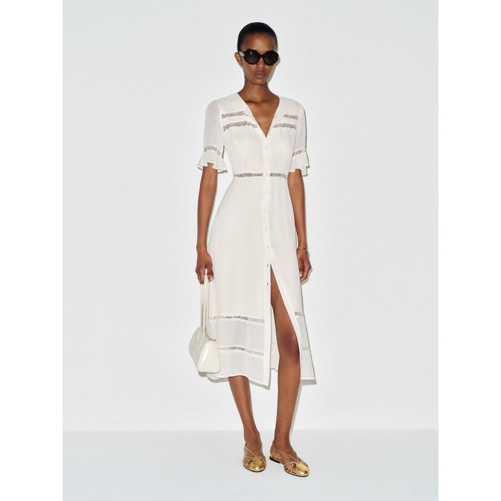 Reformation Woodson Ivory Lace Trim Button Down Midi Dress Short Flutter Sleeve